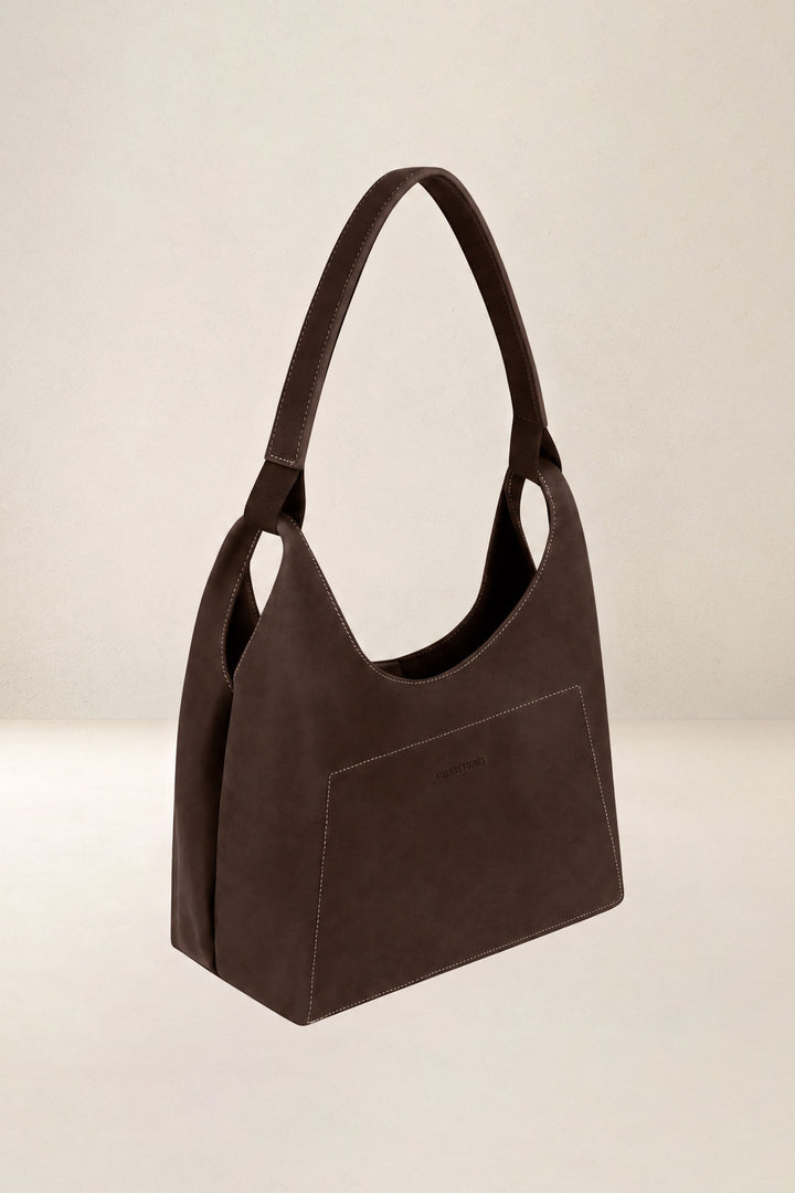 Sac à main en cuir pleine fleur AMAZONE coloris chocolat, vue de profil – Ateliers Fourès