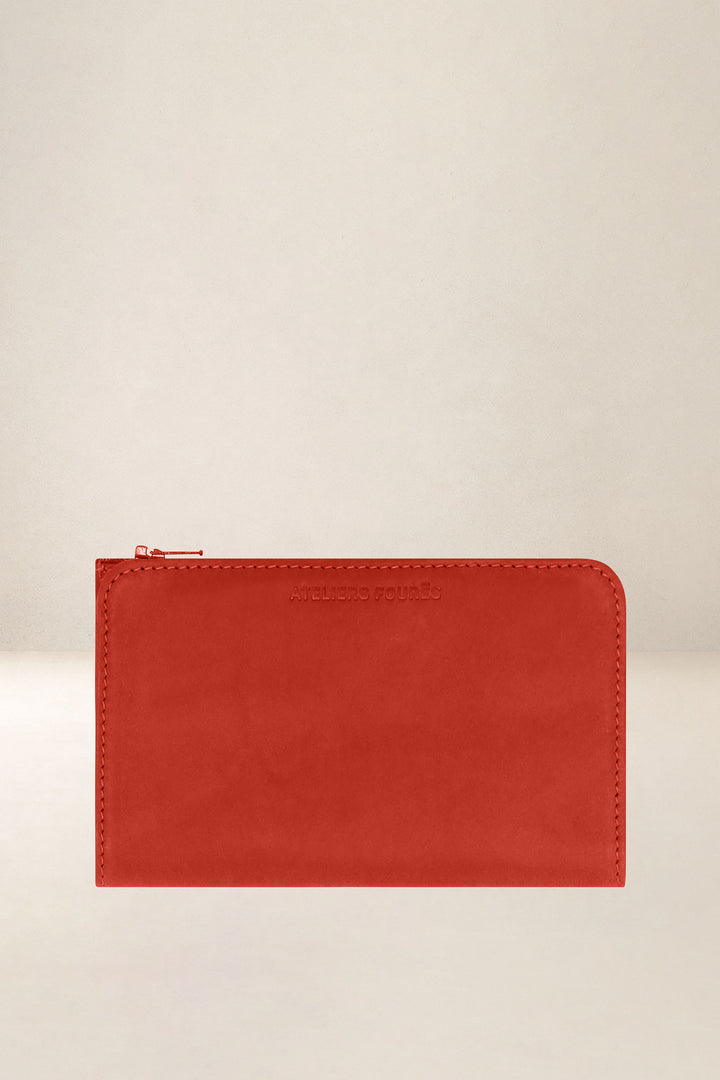 Grand portefeuille en cuir pleine fleur NÉMÉSIS coloris orange confit, vue d’ensemble – Ateliers Fourès