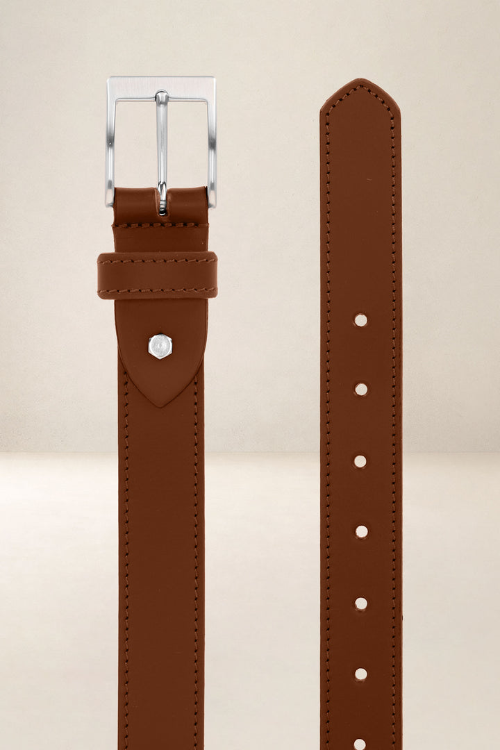 Ceinture en cuir pleine fleur SAUGE coloris cognac, vue de face n°2 – Ateliers Fourès
