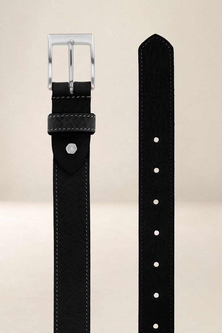 Ceinture en cuir pleine fleur SAUGE coloris Missouri noir, vue de face n°2 – Ateliers Fourès