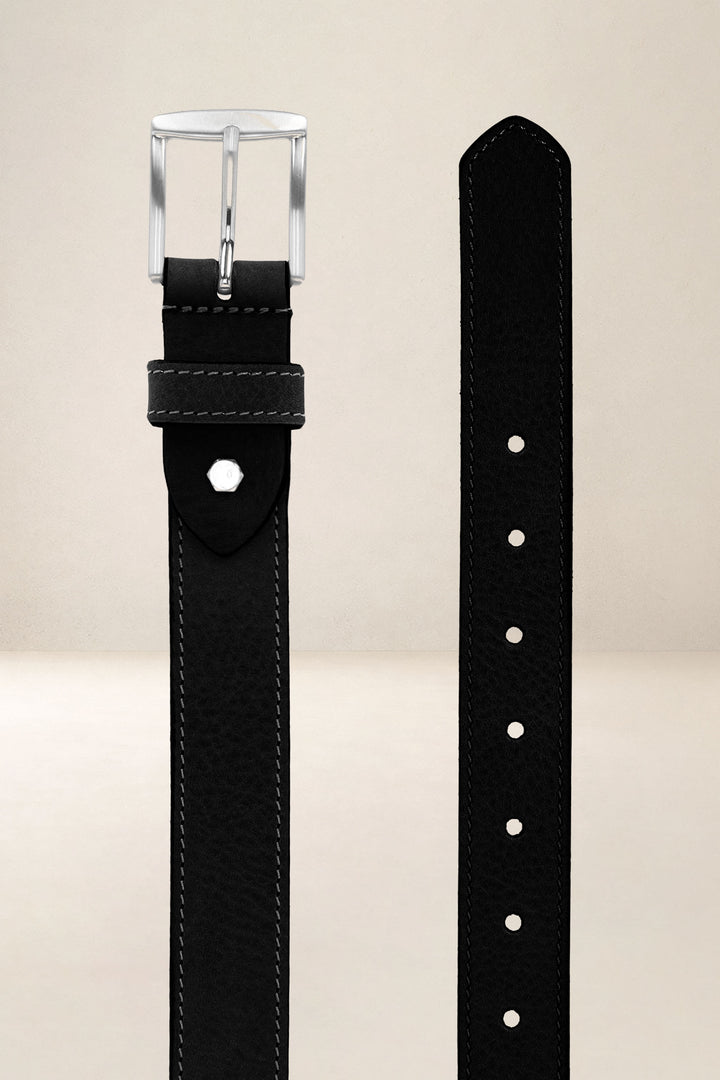 Ceinture en cuir pleine fleur HÊTRE coloris Missouri noir, vue de face n°2 – Ateliers Fourès