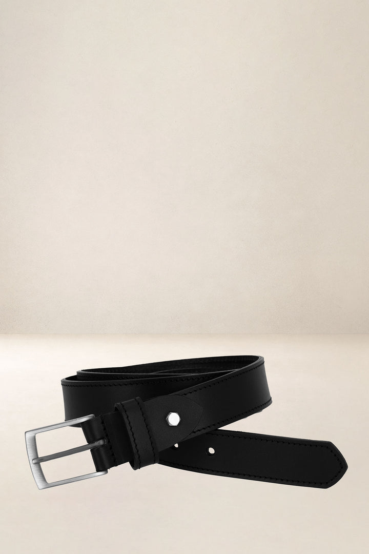 Ceinture en cuir pleine fleur BASILIC coloris noir, vue d’ensemble – Ateliers Fourès