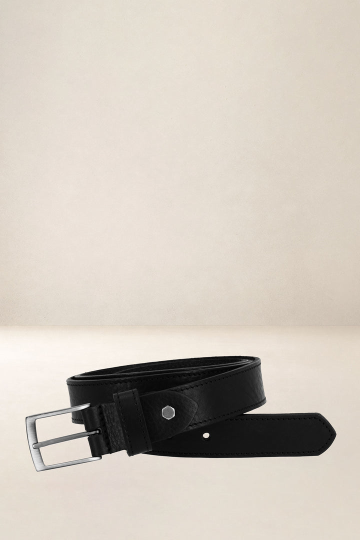 Ceinture en cuir pleine fleur BASILIC coloris Missouri noir, vue de face n°1 – Ateliers Fourès