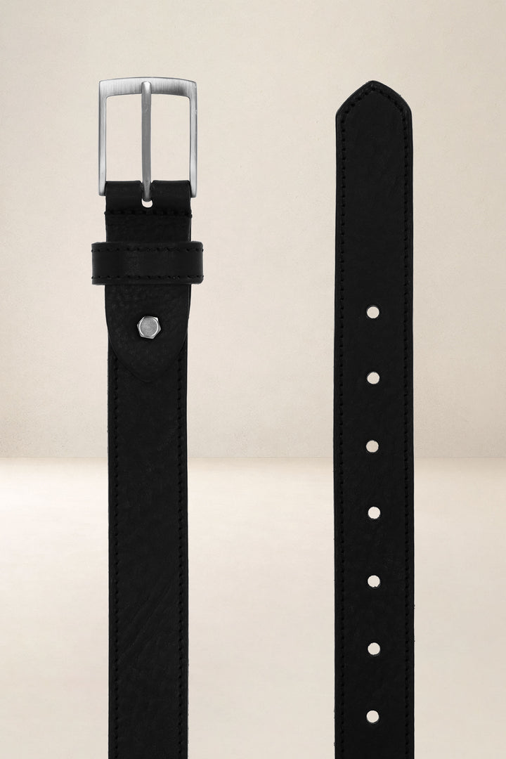 Ceinture en cuir pleine fleur BASILIC coloris Missouri noir, vue de face n°2 – Ateliers Fourès
