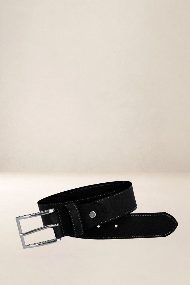Ceinture en cuir pleine fleur CHÊNE coloris Missouri noir, vue de face n°1 – Ateliers Fourès