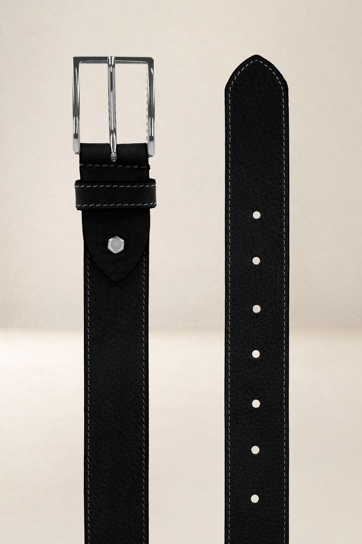 Ceinture en cuir pleine fleur CHÊNE coloris Missouri noir, vue de face n°2 – Ateliers Fourès