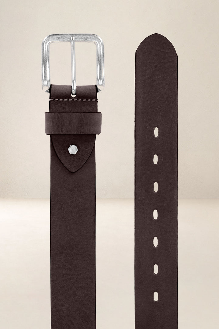Ceinture en cuir pleine fleur EBÈNE coloris Missouri marron, vue de face n°2 – Ateliers Fourès