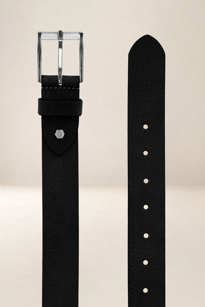 Ceinture en cuir pleine fleur CÈDRE coloris Missouri noir, vue de face n°2 – Ateliers Fourès