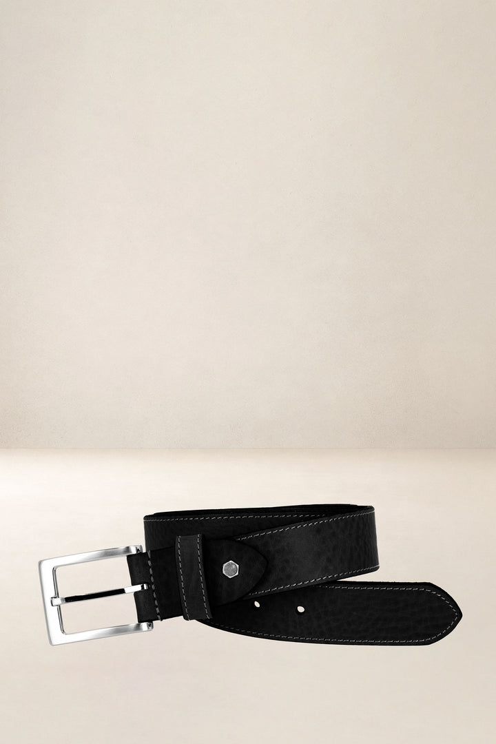 Ceinture en cuir pleine fleur NOYER coloris Missouri noir, vue de face n°1 – Ateliers Fourès