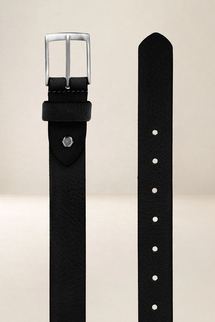 Ceinture en cuir pleine fleur SÉQUOIA coloris Missouri noir, vue de face n°2 – Ateliers Fourès