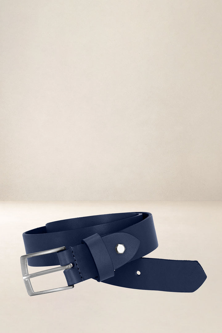 Ceinture en cuir pleine fleur SÉQUOIA coloris bleu, vue d’ensemble – Ateliers Fourès