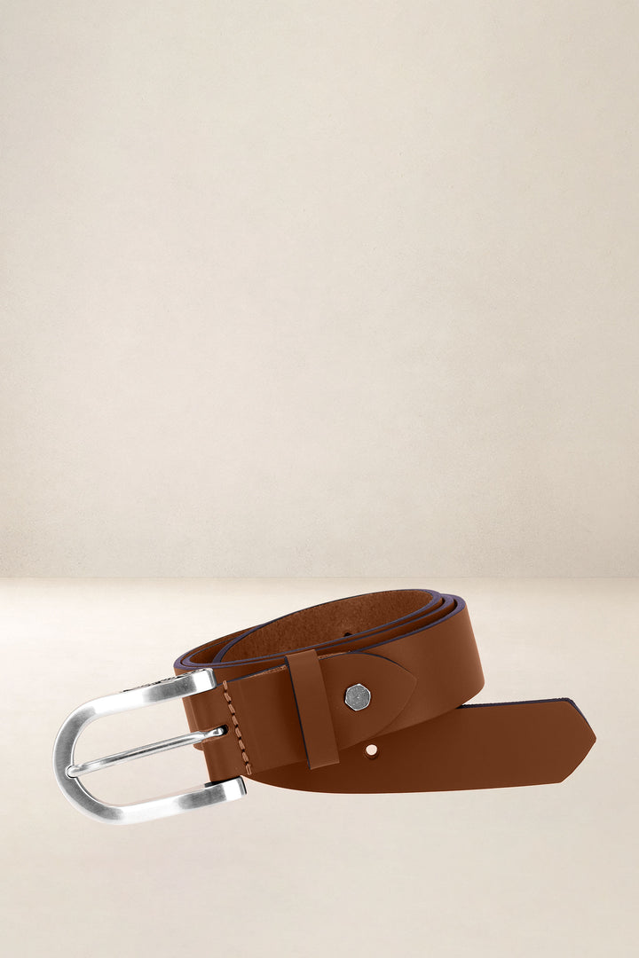 Ceinture en cuir pleine fleur AUBÉPINE coloris cognac, vue de face n°1 – Ateliers Fourès