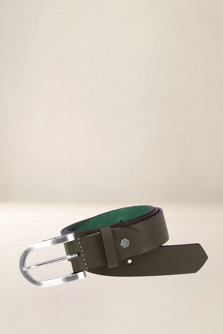 Ceinture en cuir pleine fleur AUBÉPINE coloris kaki, vue d’ensemble – Ateliers Fourès