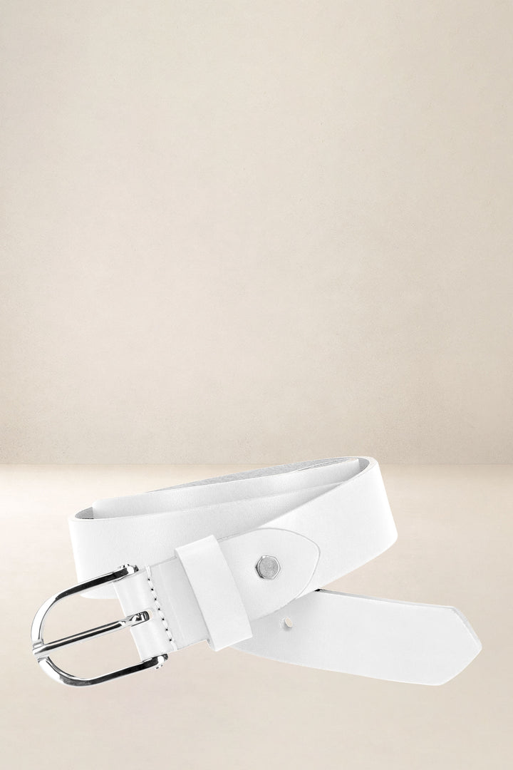 Ceinture en cuir pleine fleur IRIS coloris blanc, vue d’ensemble – Ateliers Fourès