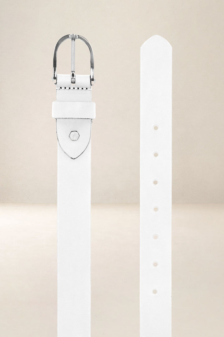 Ceinture en cuir pleine fleur IRIS coloris blanc, vue de face n°2 – Ateliers Fourès