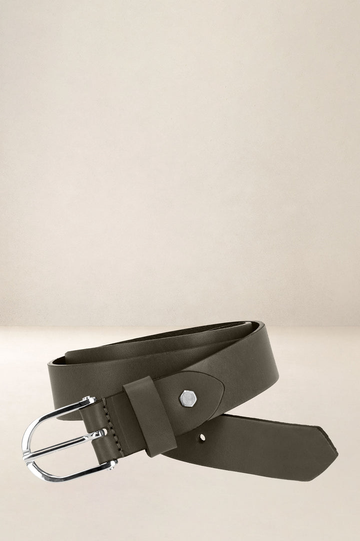 Ceinture en cuir pleine fleur IRIS coloris kaki, vue de face n°1 – Ateliers Fourès