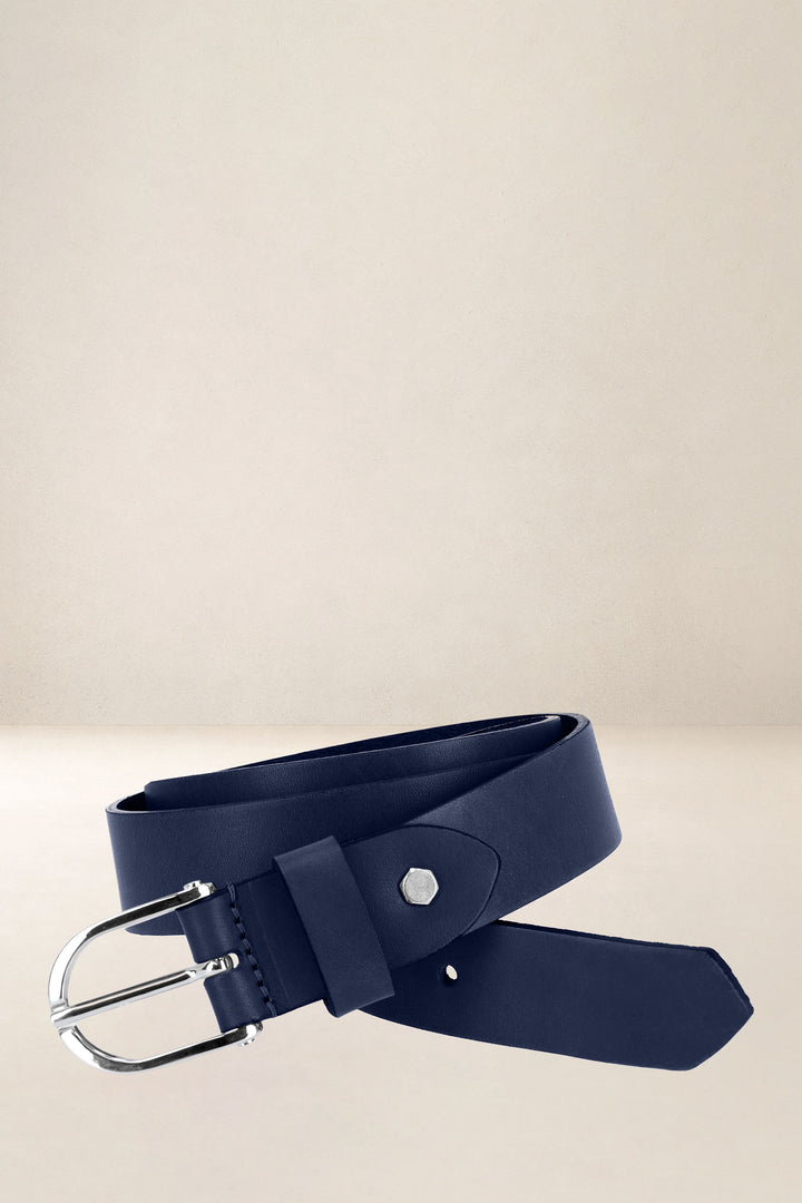 Ceinture en cuir pleine fleur IRIS coloris bleu, vue d’ensemble – Ateliers Fourès