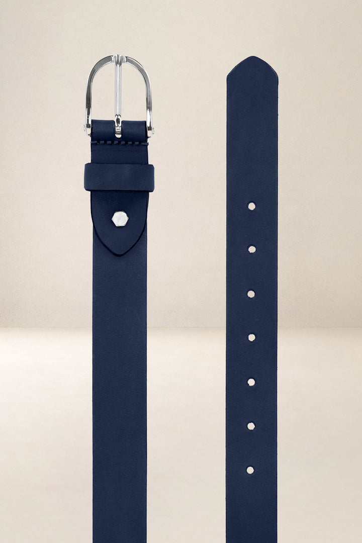 Ceinture en cuir pleine fleur IRIS coloris bleu, vue de face n°2 – Ateliers Fourès