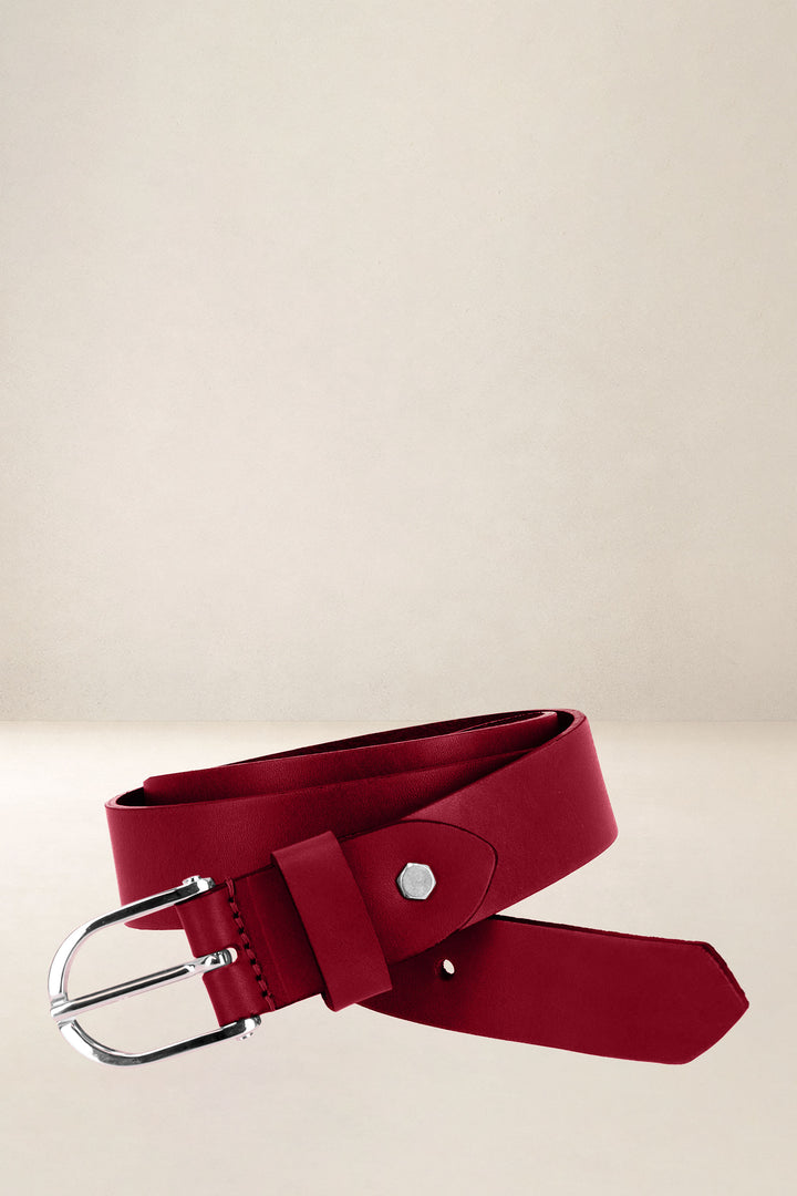 Ceinture en cuir pleine fleur IRIS coloris rouge, vue de face n°1 – Ateliers Fourès