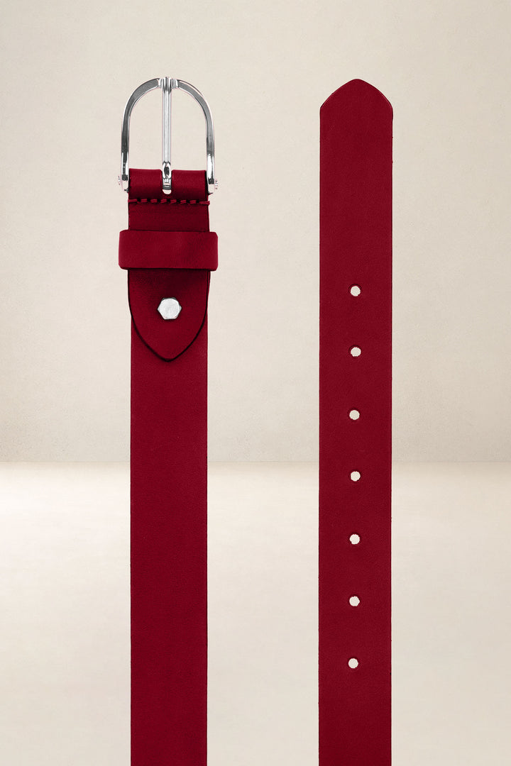 Ceinture en cuir pleine fleur IRIS coloris rouge, vue de face n°2 – Ateliers Fourès