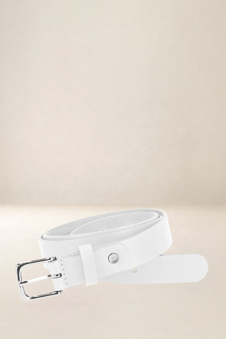 Ceinture en cuir pleine fleur IMMORTELLE coloris blanc, vue d’ensemble – Ateliers Fourès