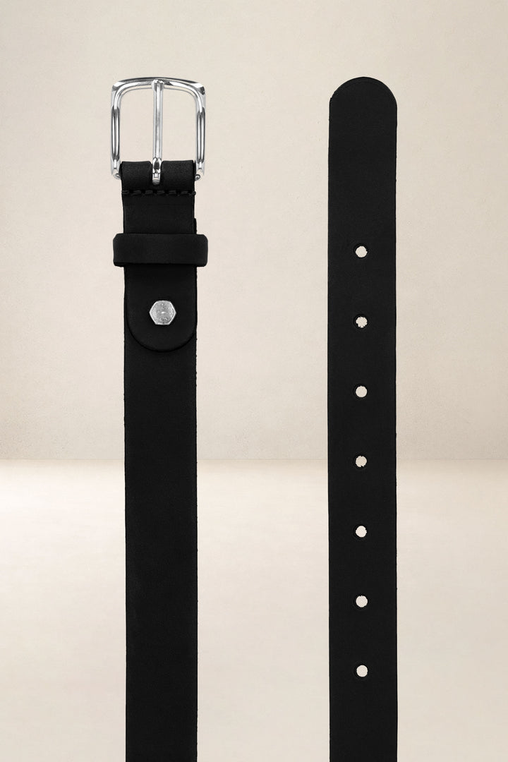 Ceinture en cuir pleine fleur IMMORTELLE coloris noir, vue de face n°2 – Ateliers Fourès