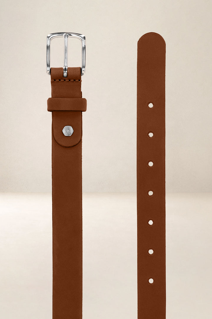 Ceinture en cuir pleine fleur IMMORTELLE coloris cognac, vue de face n°2 – Ateliers Fourès