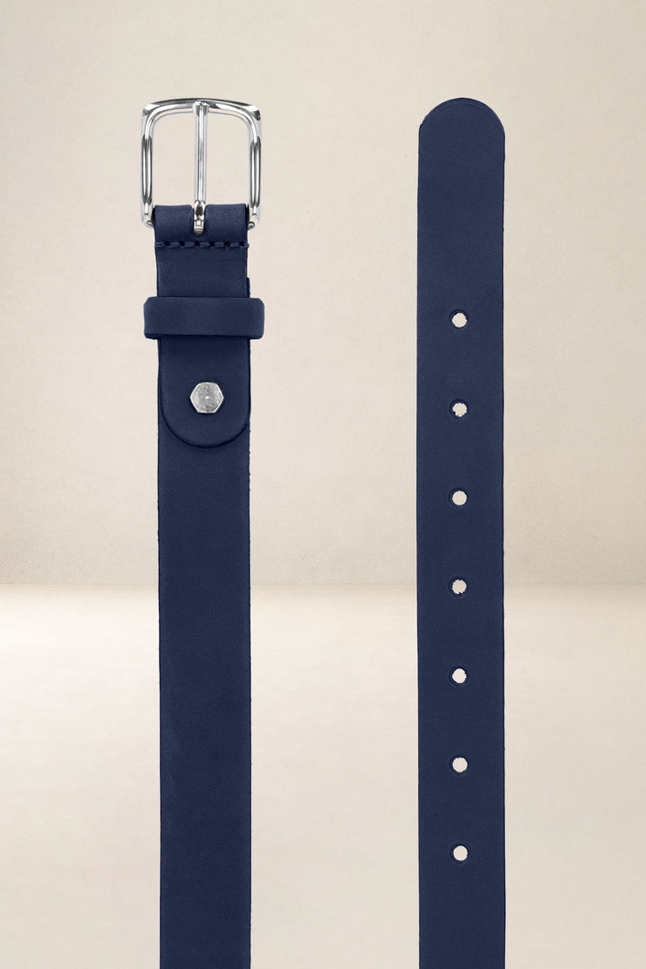 Ceinture en cuir pleine fleur IMMORTELLE coloris bleu, vue de face n°2 – Ateliers Fourès