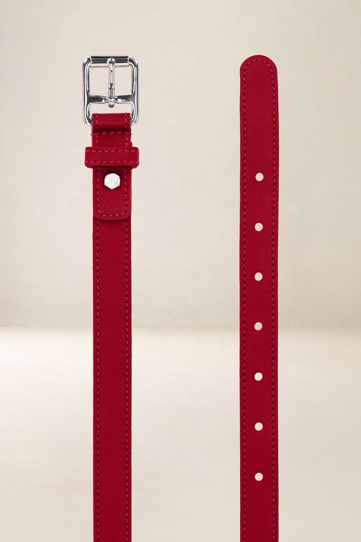Ceinture en cuir pleine fleur PENSÉE coloris scarlett, vue de face n°2 – Ateliers Fourès