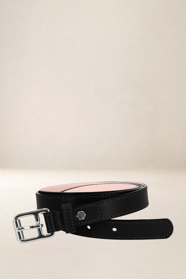 Ceinture en cuir pleine fleur PENSÉE coloris noir, vue d’ensemble – Ateliers Fourès