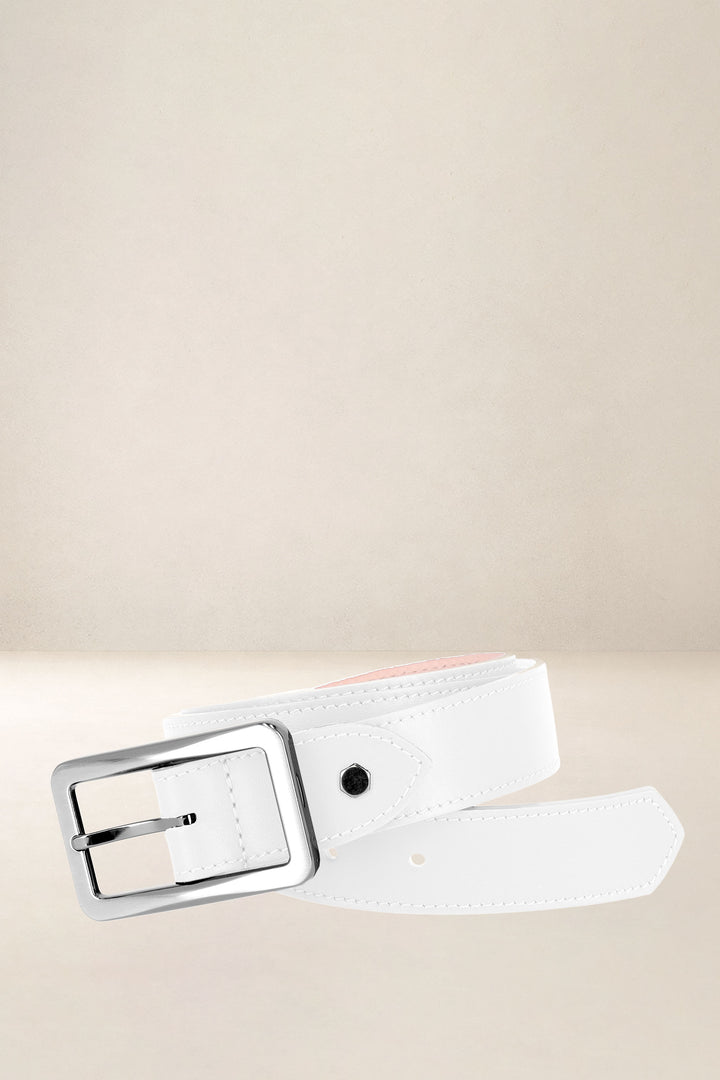 Ceinture en cuir pleine fleur PIVOINE coloris blanc, vue d’ensemble – Ateliers Fourès