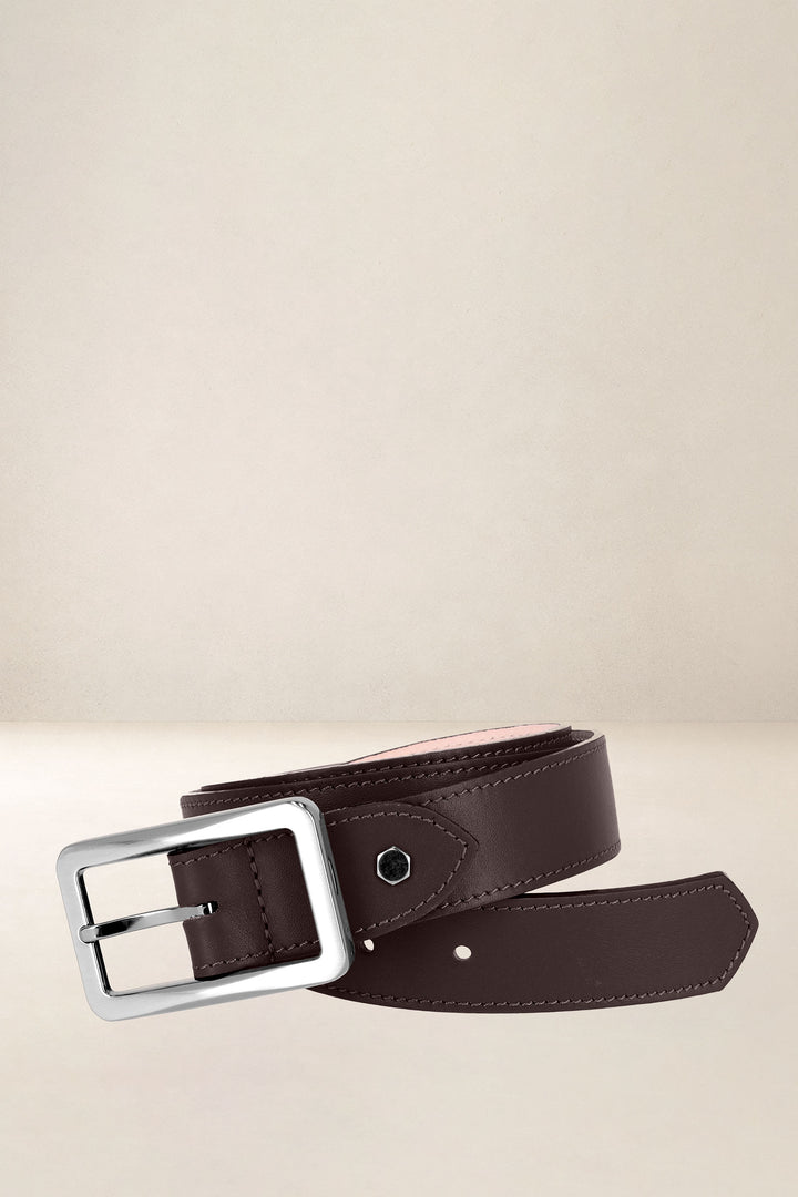 Ceinture en cuir pleine fleur PIVOINE coloris marron, vue d’ensemble – Ateliers Fourès