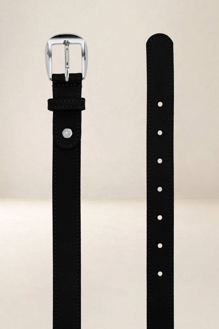 Ceinture en cuir pleine fleur JASMIN coloris noir, vue de face n°2 – Ateliers Fourès