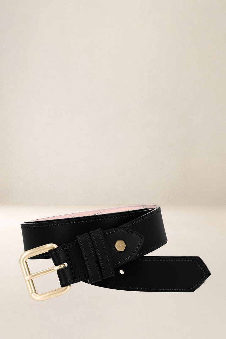 Ceinture en cuir pleine fleur DAHLIA coloris noir, vue de face n°1 – Ateliers Fourès