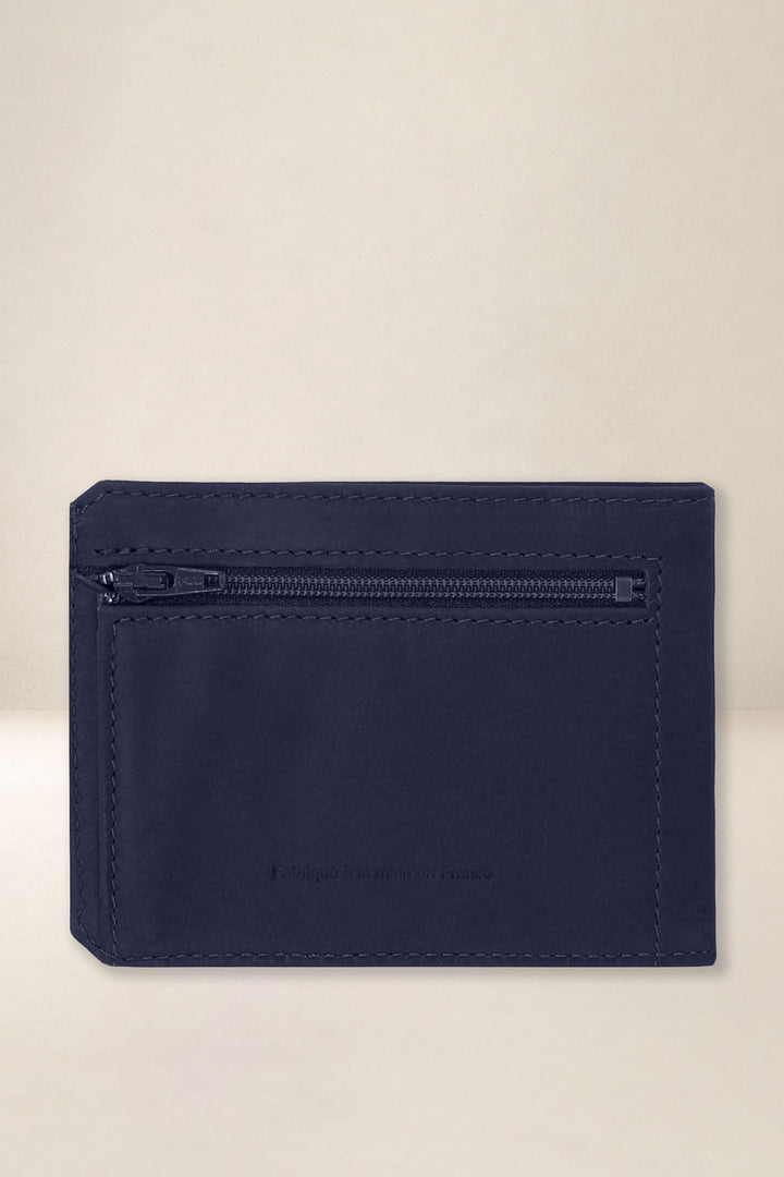 Porte-cartes en cuir pleine fleur CENTAURE coloris marine, vue de dos – Ateliers Fourès
