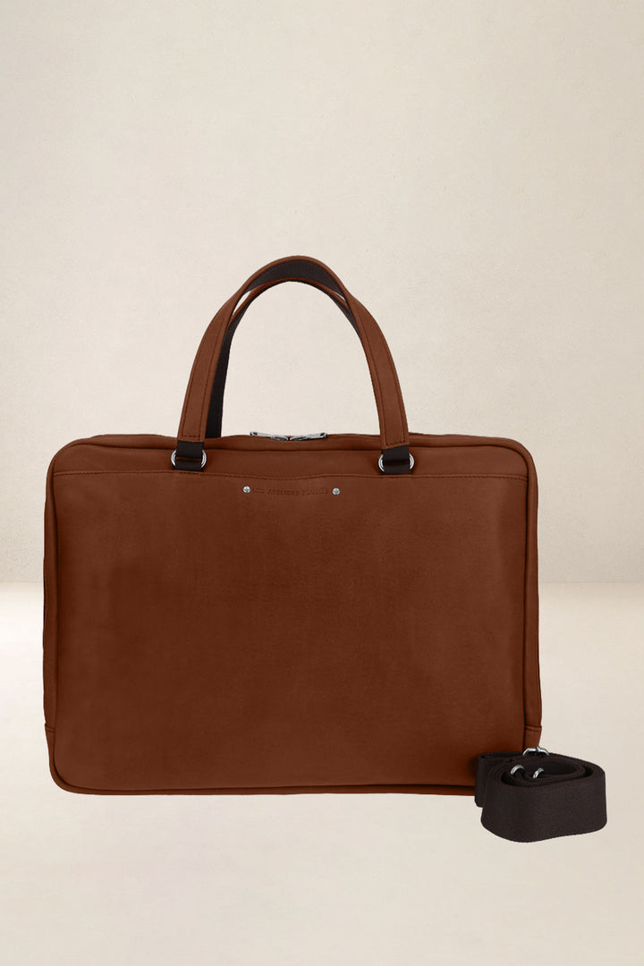 Sac de travail en cuir pleine fleur ITHAQUE coloris fauve, vue de face – Ateliers Fourès