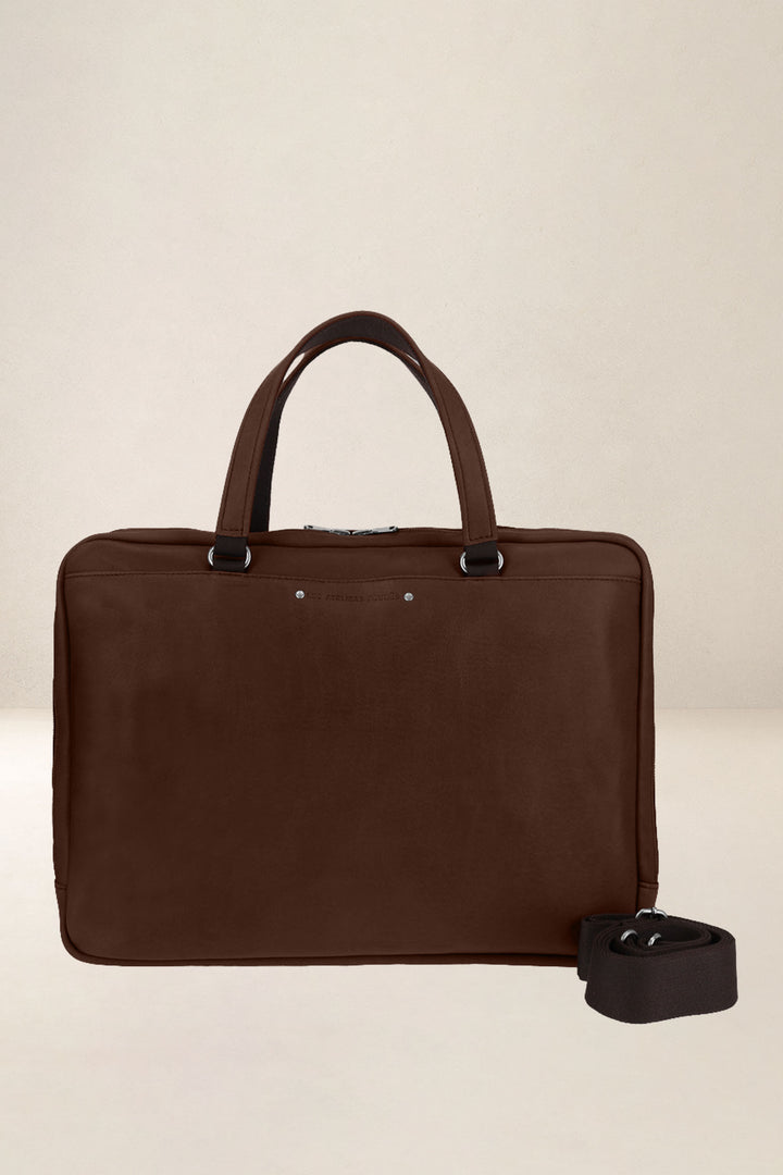 Sac de travail en cuir pleine fleur ITHAQUE coloris cognac, vue de face – Ateliers Fourès