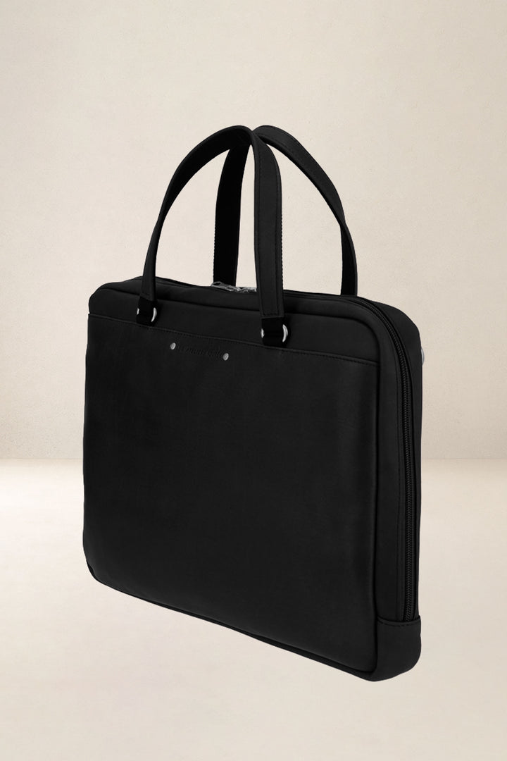 Sac de travail en cuir pleine fleur ITHAQUE coloris noir, vue de profil – Ateliers Fourès