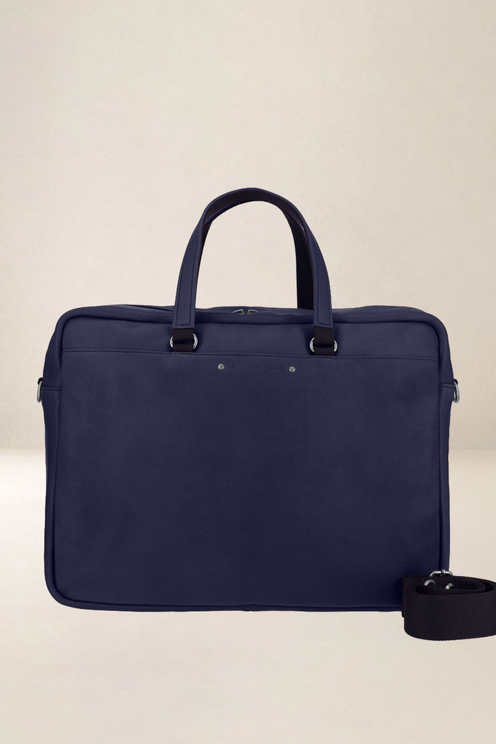 Sac de travail en cuir pleine fleur ITHAQUE coloris marine, vue d’ensemble – Ateliers Fourès
