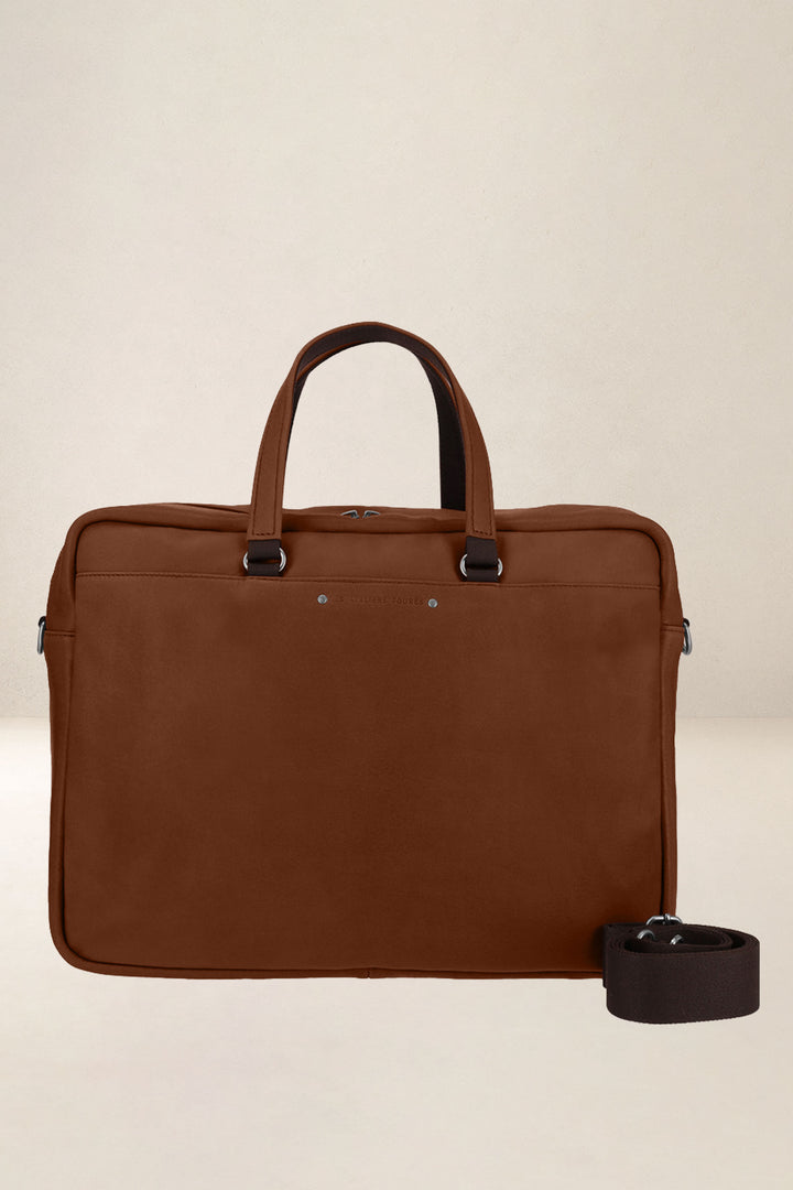Sac de travail en cuir pleine fleur ITHAQUE coloris fauve, vue de face – Ateliers Fourès