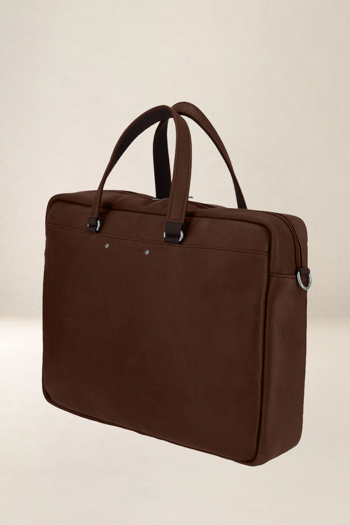 Sac de travail en cuir pleine fleur ITHAQUE coloris cognac, vue de profil – Ateliers Fourès