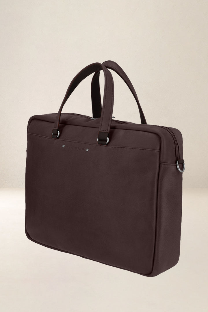 Sac de travail en cuir pleine fleur ITHAQUE coloris mustang, vue de profil – Ateliers Fourès
