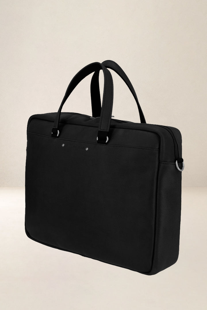 Sac de travail en cuir pleine fleur ITHAQUE coloris noir, vue de profil – Ateliers Fourès