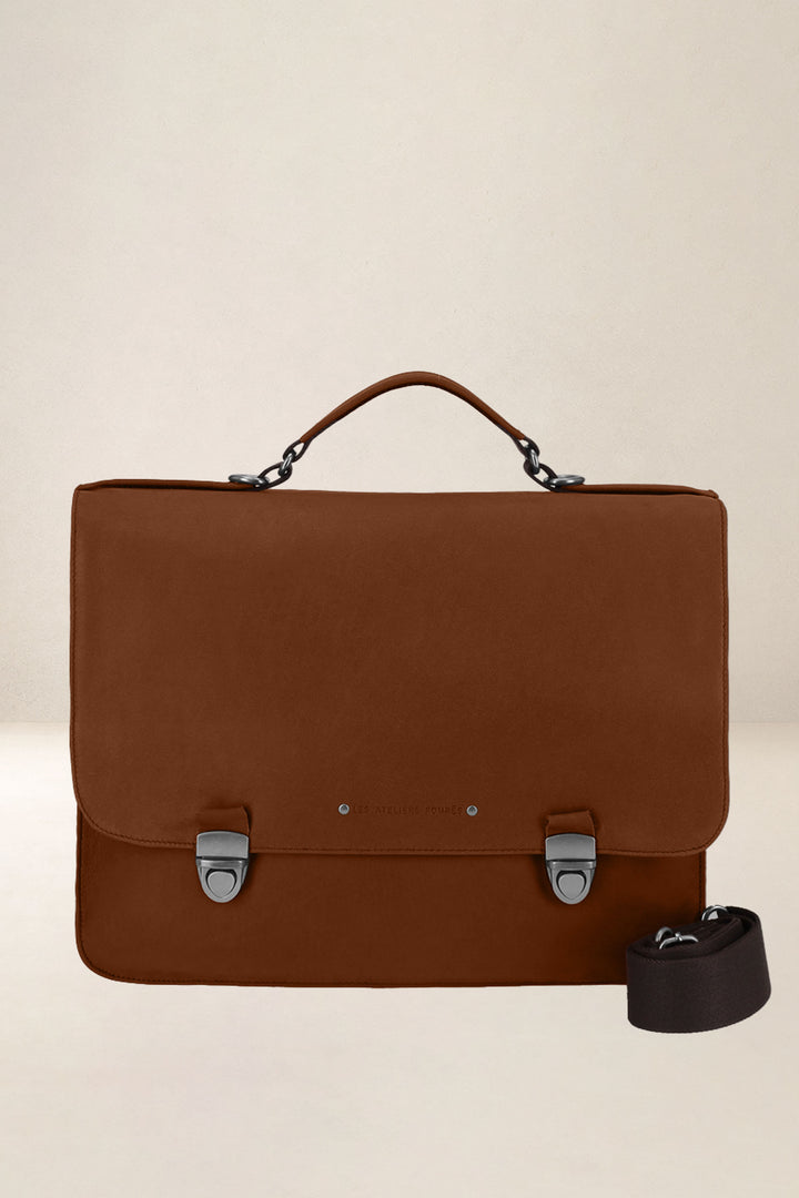 Sac de travail en cuir pleine fleur LAÏOS coloris fauve, vue d’ensemble – Ateliers Fourès