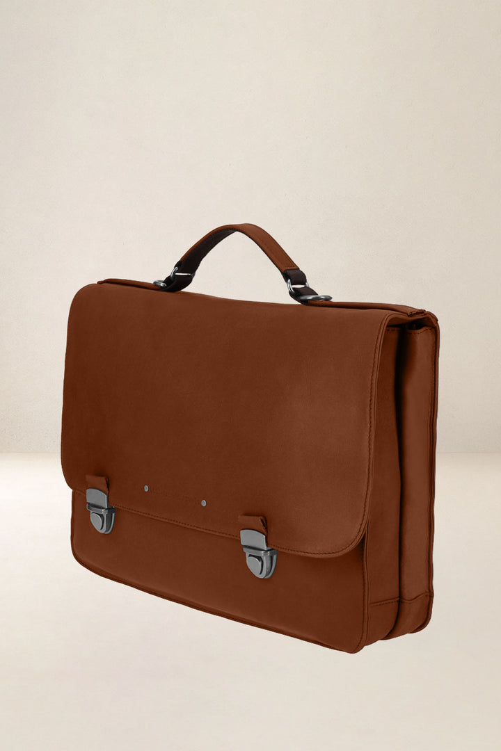 Sac de travail en cuir pleine fleur LAÏOS coloris fauve, vue de profil – Ateliers Fourès