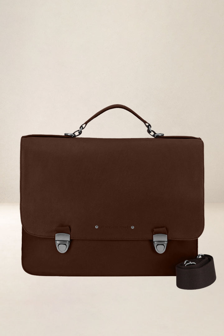Sac de travail en cuir pleine fleur LAÏOS coloris cognac, vue d’ensemble – Ateliers Fourès