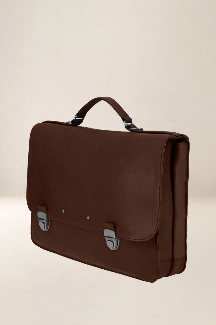 Sac de travail en cuir pleine fleur LAÏOS coloris cognac, vue de profil – Ateliers Fourès