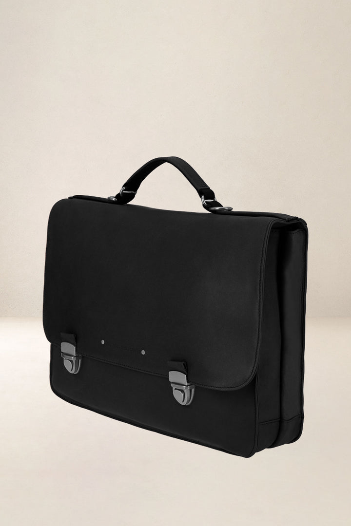 Sac de travail en cuir pleine fleur LAÏOS coloris noir, vue de profil – Ateliers Fourès