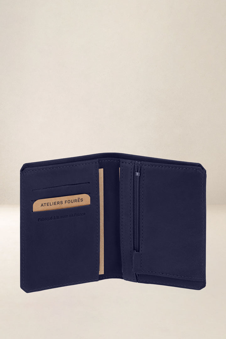 Portefeuille medium en cuir pleine fleur ACHILLE coloris marine, vue intérieure – Ateliers Fourès