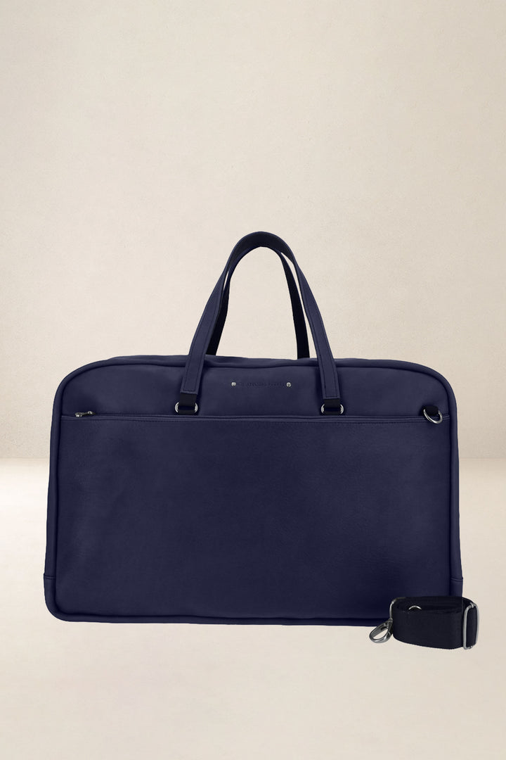 Sac de voyage en cuir pleine fleur ZEUS coloris marine, vue de face – Ateliers Fourès